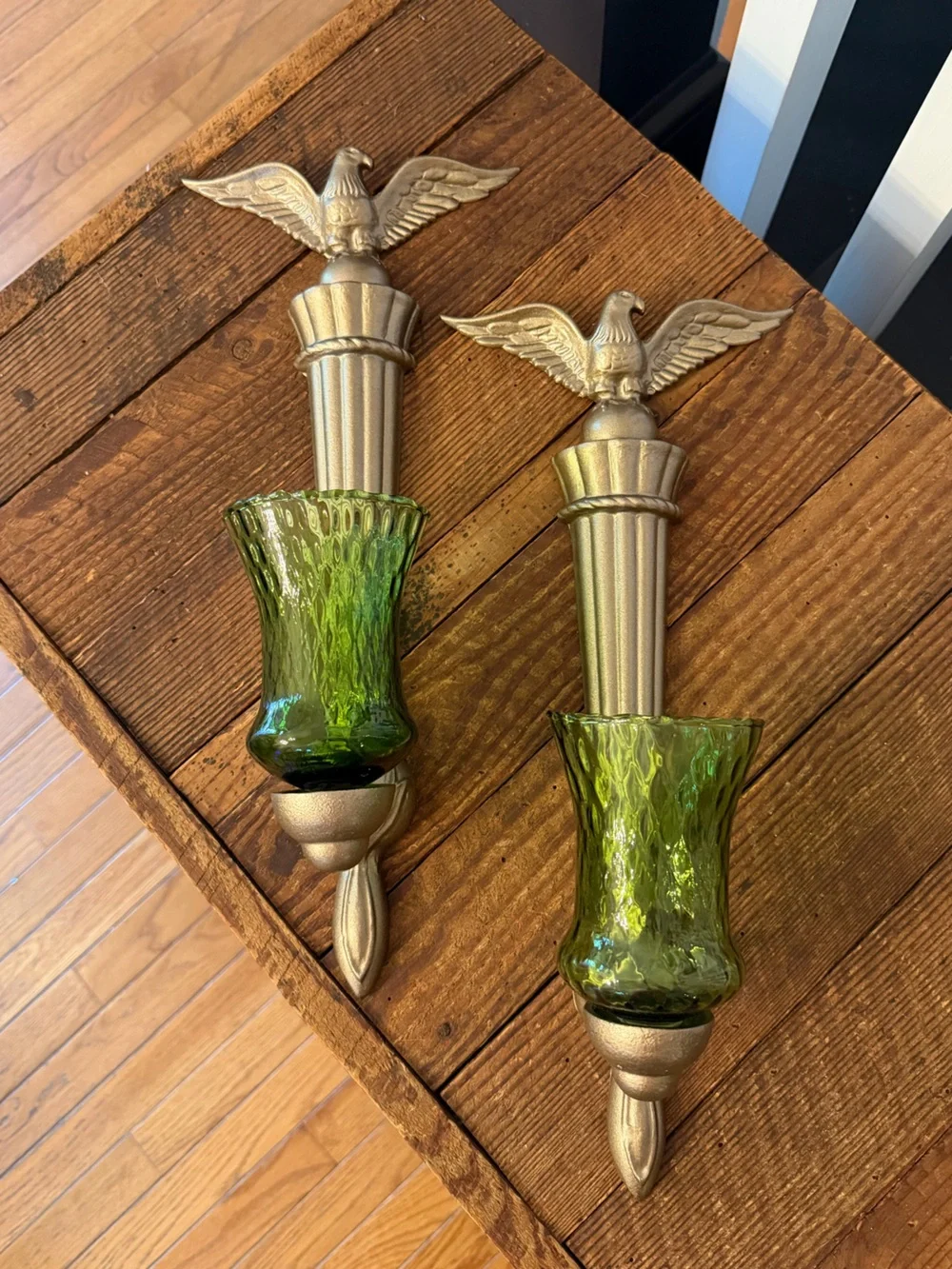Pair of vintage 1975 Delta federal eagle tapered wall sconce candle holders